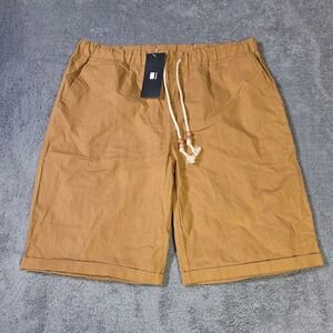 JWD Mens Medium Shorts Tan‎ Linen Blend Elastic Waist Rope Drawstring Cuffed New